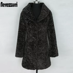 Nerazzurri Winter Soft Fluffy Faux Fur Coat Women slim fit turn-down collar long sleeve black teddy coat faux fur jacket 5xl 6xl