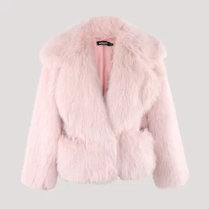 Nerazzurri Winter Short Loose Casual Hairy Soft Thick Warm Pink Faux Fur Coat Women with Big Collar and Pockets Fluffy Jacket