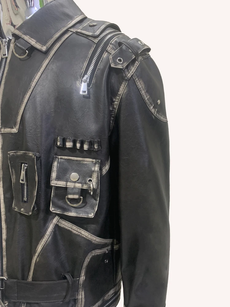 Nerazzurri Autumn Cool Handsome Distressed Black Pu Leather Jacket Men Turn-down Collar Belt Zipper Runway European Fashion 2024 - Image 6