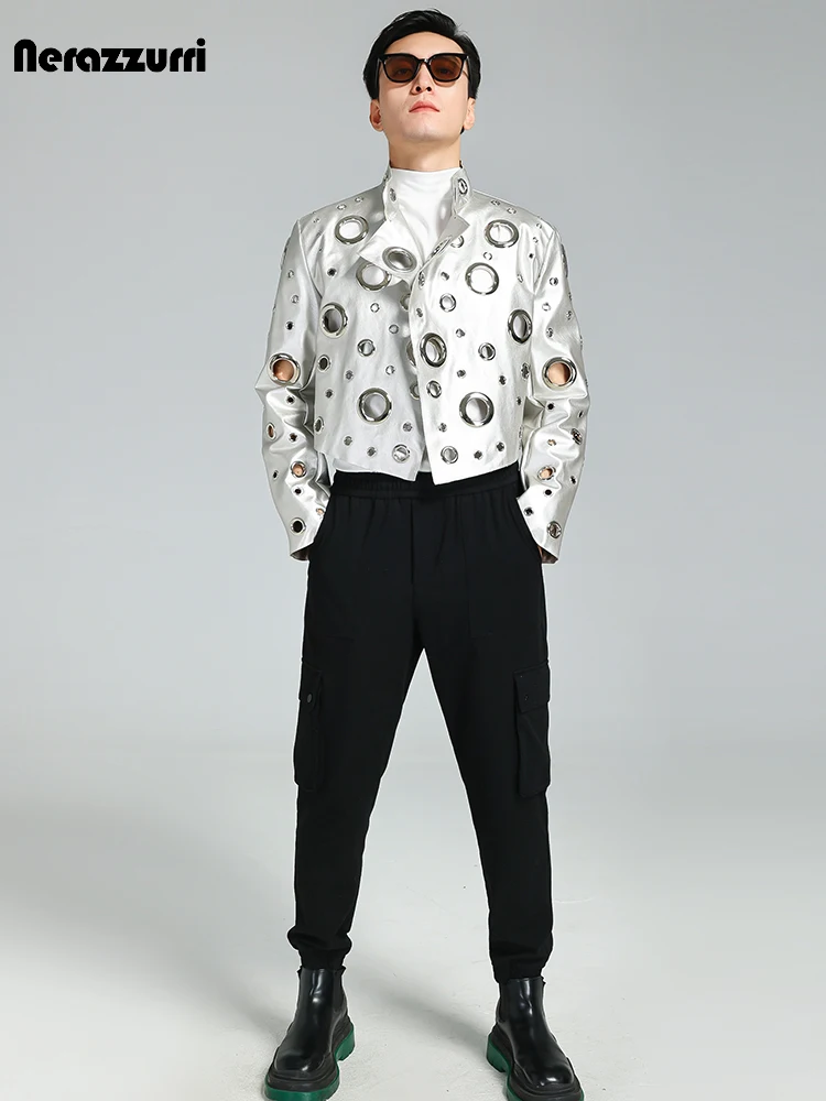 Nerazzurri Spring Autumn Cool Handsome Short Hollow Out Pu Leather Jacket Men with Holes Luxury Designer Unisex Y2K Streetwear - Image 4