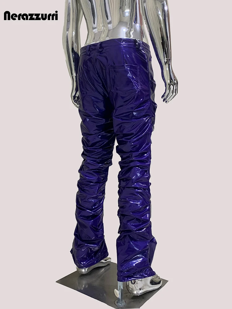Nerazzurri Spring Autumn Fitted Ruched Shiny Reflective Purple Stretchy Soft Thin Faux Leather Stacked Pants Men Y2K Streetwear - Image 2