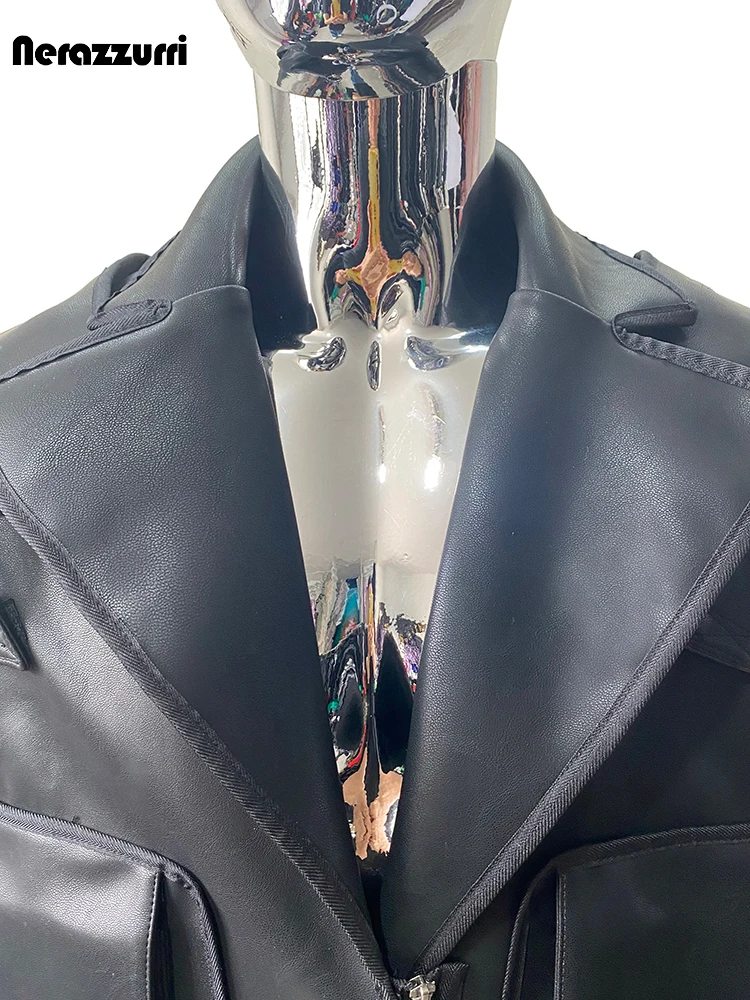 Nerazzurri Spring Autumn Cool Handsome Emo Hard Short Black Pu Leather Jacket Blazer Men with Three-dimensional Pockets Zipper - Image 5