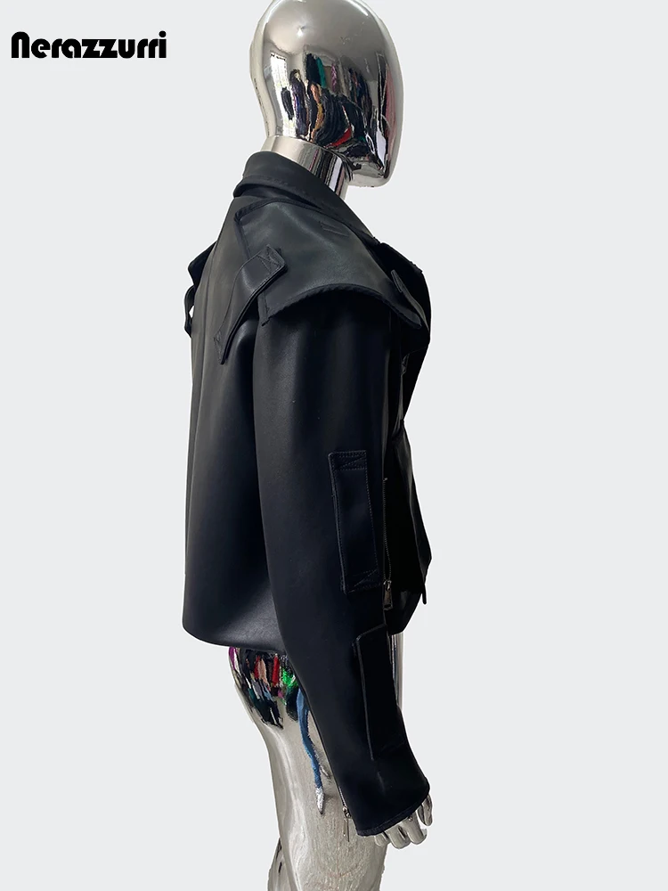 Nerazzurri Spring Autumn Cool Handsome Emo Hard Short Black Pu Leather Jacket Blazer Men with Three-dimensional Pockets Zipper - Image 2