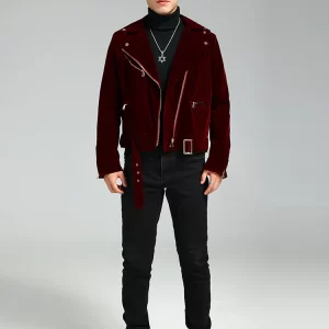 Nerazzurri Spring Autumn Cool Handsome Short Burgundy Black Velvet Moto & Biker Jacket Men Long Sleeve Luxury Designer Clothing