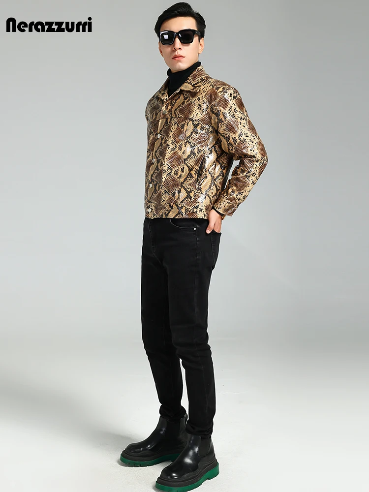Nerazzurri Autumn Short Handsome Cool Colorful Snakeskin Print Pu Leather Jacket Men Luxury European Style Clothes 2023 EU Size - Image 4