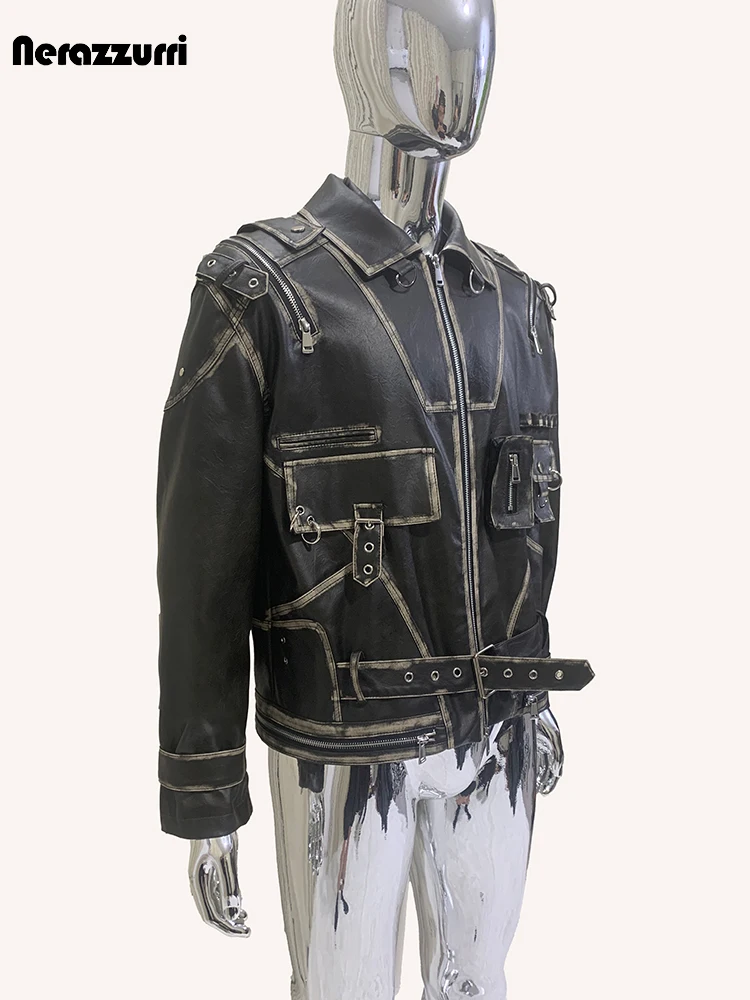 Nerazzurri Autumn Cool Handsome Distressed Black Pu Leather Jacket Men Turn-down Collar Belt Zipper Runway European Fashion 2024 - Image 2