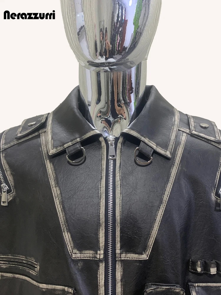 Nerazzurri Autumn Cool Handsome Distressed Black Pu Leather Jacket Men Turn-down Collar Belt Zipper Runway European Fashion 2024 - Image 5