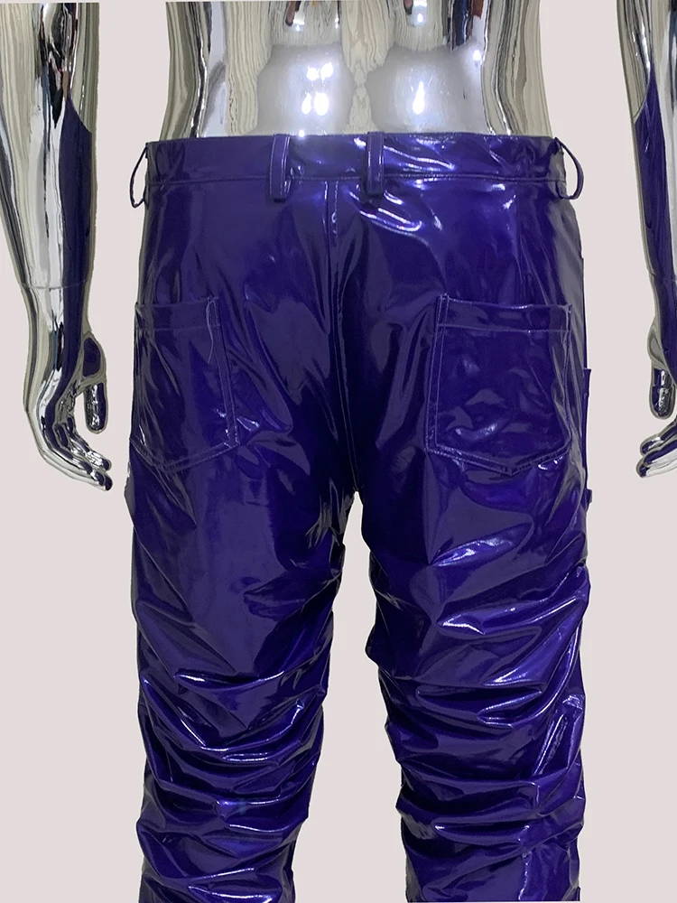 Nerazzurri Spring Autumn Fitted Ruched Shiny Reflective Purple Stretchy Soft Thin Faux Leather Stacked Pants Men Y2K Streetwear - Image 6