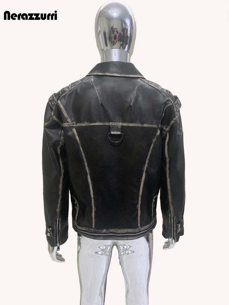 Nerazzurri Autumn Cool Handsome Distressed Black Pu Leather Jacket Men Turn-down Collar Belt Zipper Runway European Fashion 2024 - Image 3