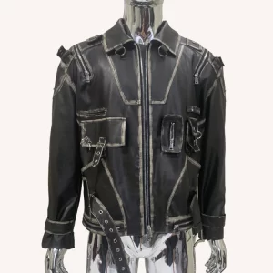 Nerazzurri Autumn Cool Handsome Distressed Black Pu Leather Jacket Men Turn-down Collar Belt Zipper Runway European Fashion 2024