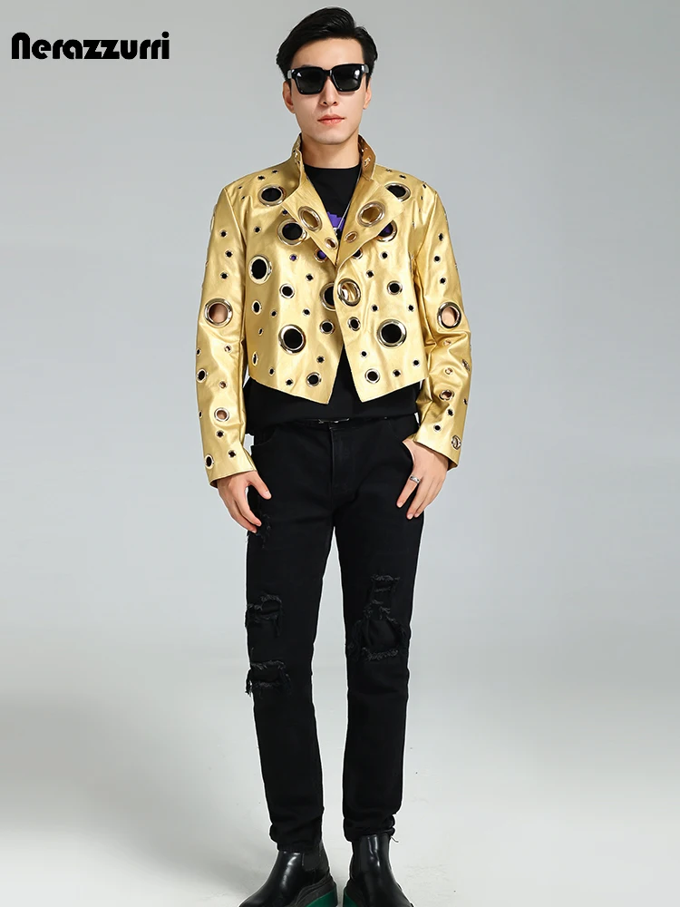 Nerazzurri Spring Autumn Cool Handsome Short Hollow Out Pu Leather Jacket Men with Holes Luxury Designer Unisex Y2K Streetwear