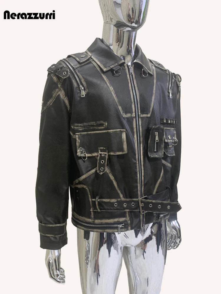 Nerazzurri Autumn Cool Handsome Distressed Black Pu Leather Jacket Men Turn-down Collar Belt Zipper Runway European Fashion 2024 - Image 4