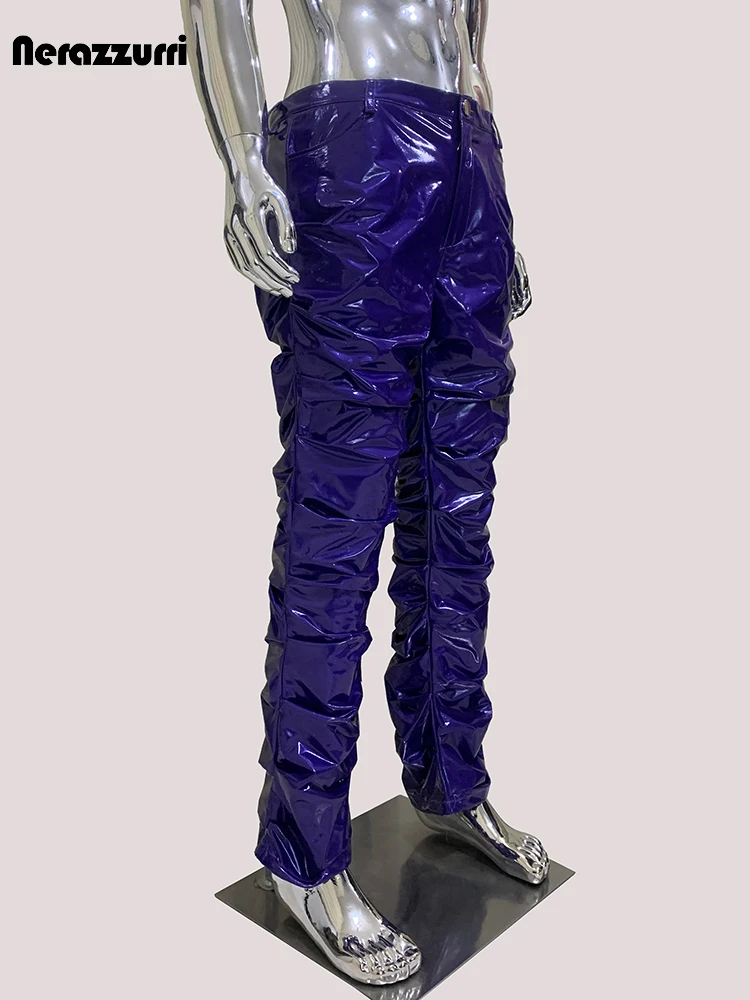 Nerazzurri Spring Autumn Fitted Ruched Shiny Reflective Purple Stretchy Soft Thin Faux Leather Stacked Pants Men Y2K Streetwear - Image 4