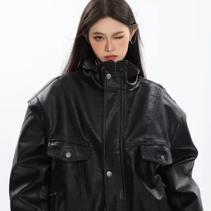 Nerazzurri Spring Autumn Oversized Cool Windproof Thick Black Pu Leather Jacket Women Zip Up Luxury Designer Unisex Clothes 2023