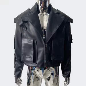 Nerazzurri Spring Autumn Cool Handsome Emo Hard Short Black Pu Leather Jacket Blazer Men with Three-dimensional Pockets Zipper