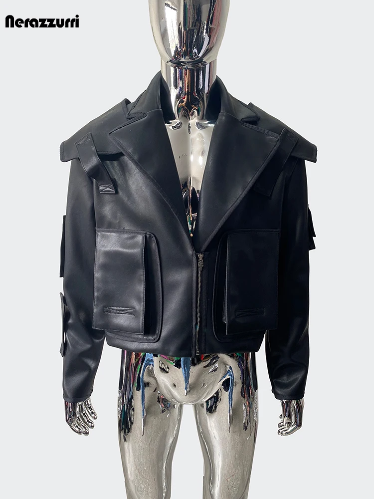 Nerazzurri Spring Autumn Cool Handsome Emo Hard Short Black Pu Leather Jacket Blazer Men with Three-dimensional Pockets Zipper
