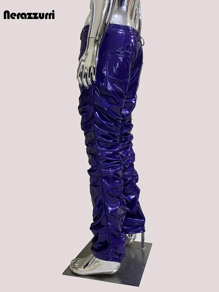 Nerazzurri Spring Autumn Fitted Ruched Shiny Reflective Purple Stretchy Soft Thin Faux Leather Stacked Pants Men Y2K Streetwear - Image 3
