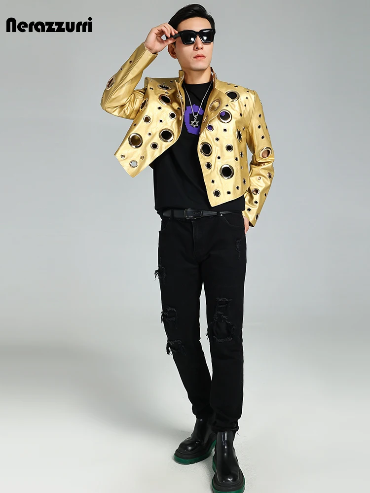 Nerazzurri Spring Autumn Cool Handsome Short Hollow Out Pu Leather Jacket Men with Holes Luxury Designer Unisex Y2K Streetwear - Image 3