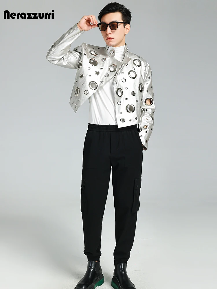 Nerazzurri Spring Autumn Cool Handsome Short Hollow Out Pu Leather Jacket Men with Holes Luxury Designer Unisex Y2K Streetwear - Image 2