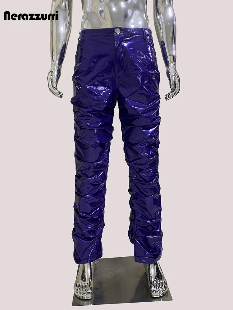 Nerazzurri Spring Autumn Fitted Ruched Shiny Reflective Purple Stretchy Soft Thin Faux Leather Stacked Pants Men Y2K Streetwear
