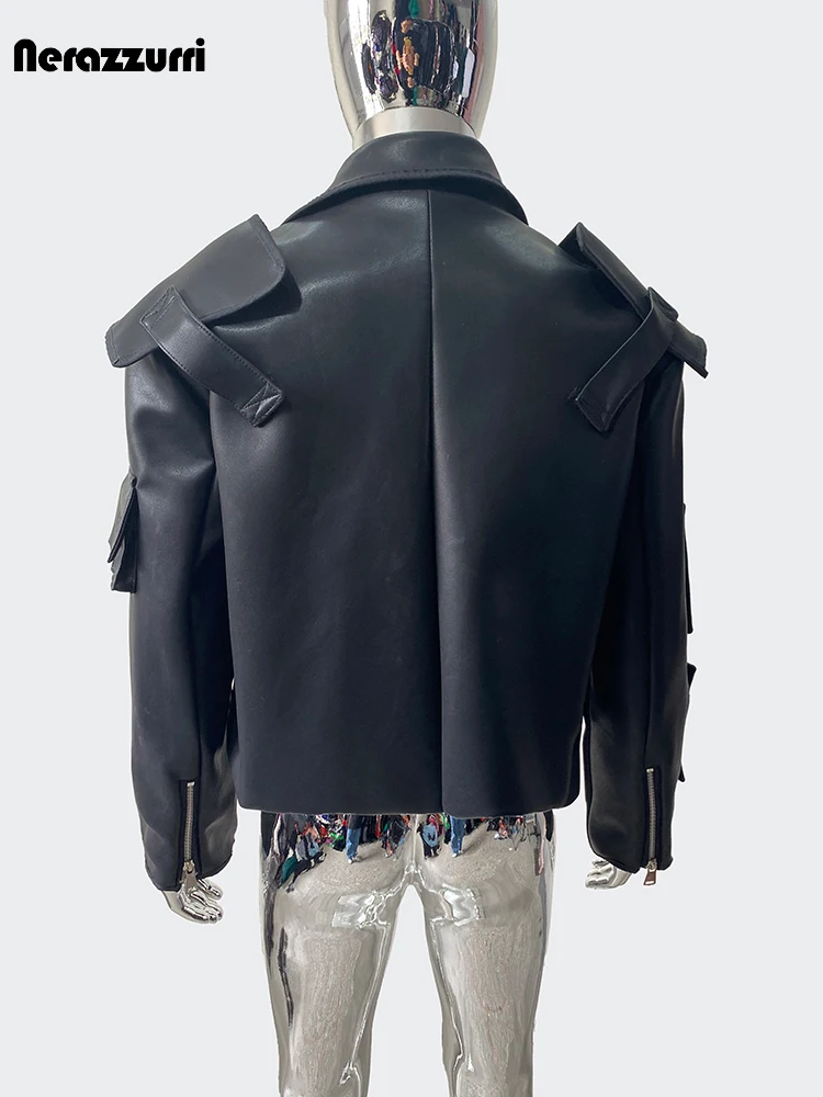 Nerazzurri Spring Autumn Cool Handsome Emo Hard Short Black Pu Leather Jacket Blazer Men with Three-dimensional Pockets Zipper - Image 4