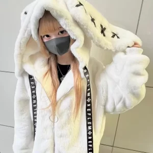 Nerazzurri Winter Sweet Cute Kawaii Soft Thick Warm White Faux Fur Coat Women with Bunny Ears Cute Fluffy Jacket Hoodie 2024