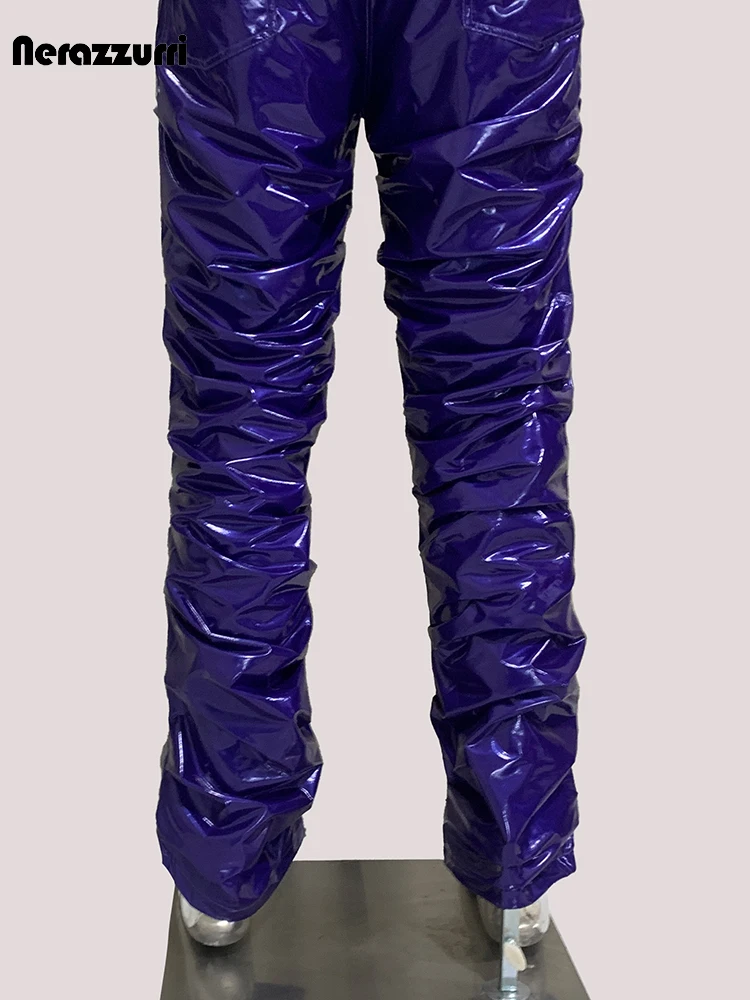 Nerazzurri Spring Autumn Fitted Ruched Shiny Reflective Purple Stretchy Soft Thin Faux Leather Stacked Pants Men Y2K Streetwear - Image 5
