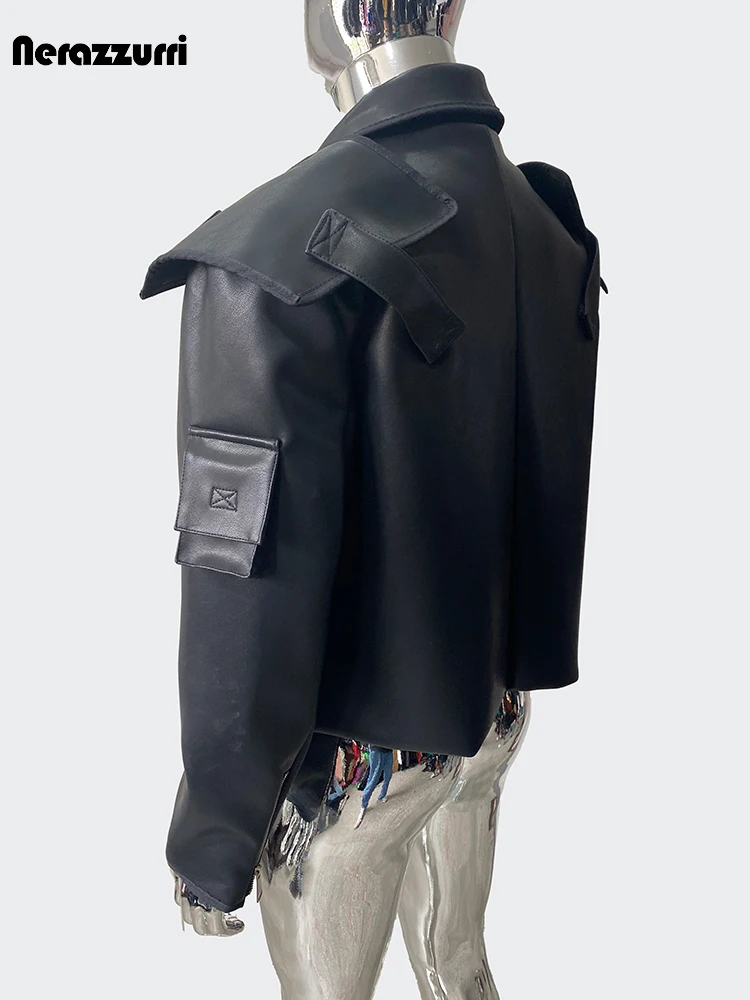 Nerazzurri Spring Autumn Cool Handsome Emo Hard Short Black Pu Leather Jacket Blazer Men with Three-dimensional Pockets Zipper - Image 3