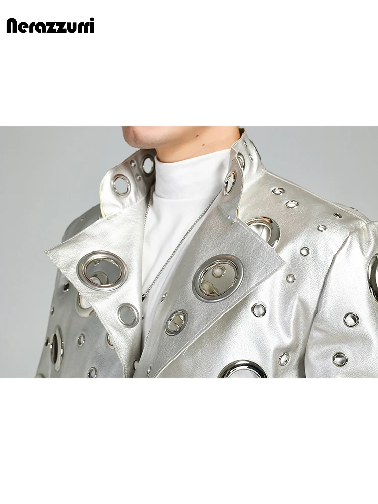 Nerazzurri Spring Autumn Cool Handsome Short Hollow Out Pu Leather Jacket Men with Holes Luxury Designer Unisex Y2K Streetwear - Image 5